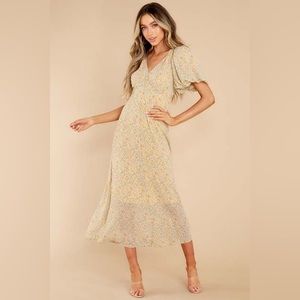 NWT. Floral, Yellow Puff Sleeve Midi Guest Wedding Dress